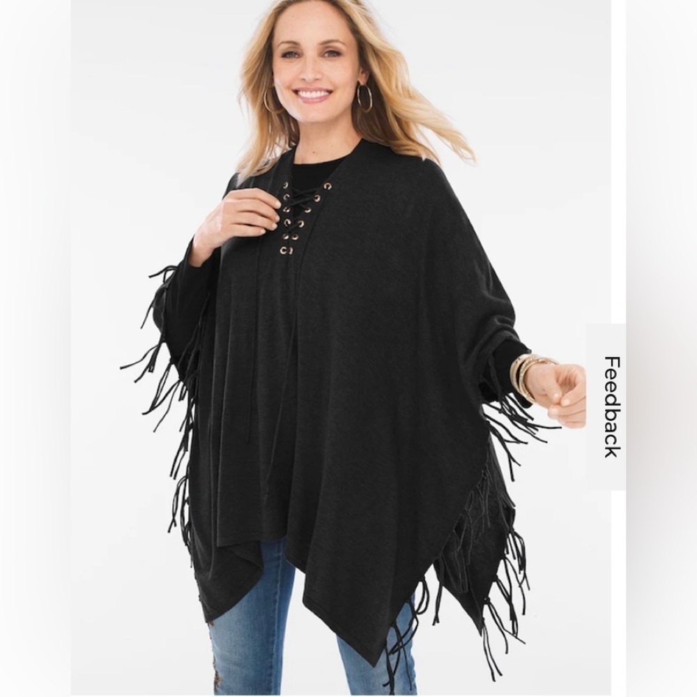 Chico’s Lace-Up Fringe Poncho In Black sz:OS